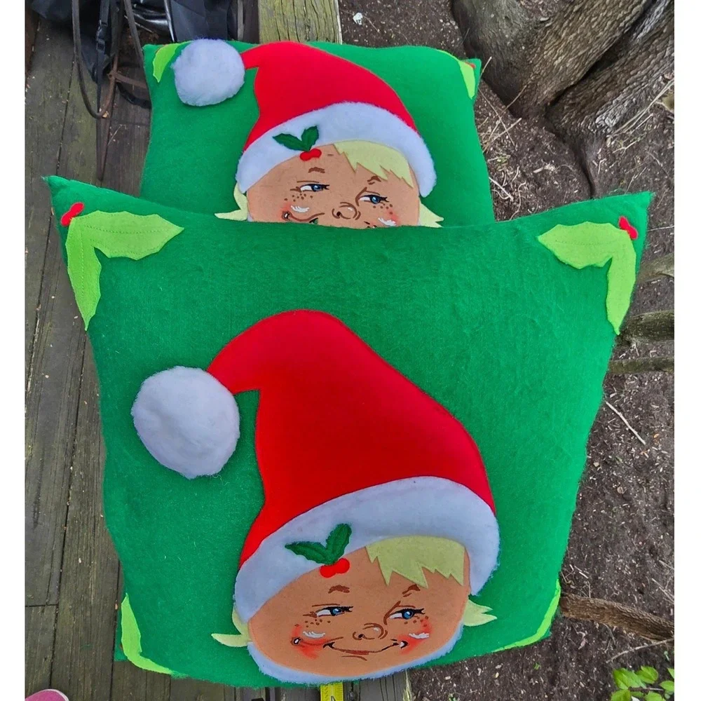 Vintage Annalee Christmas Elf Face Green Felt Throw Pillows Set of 2 - 17.5